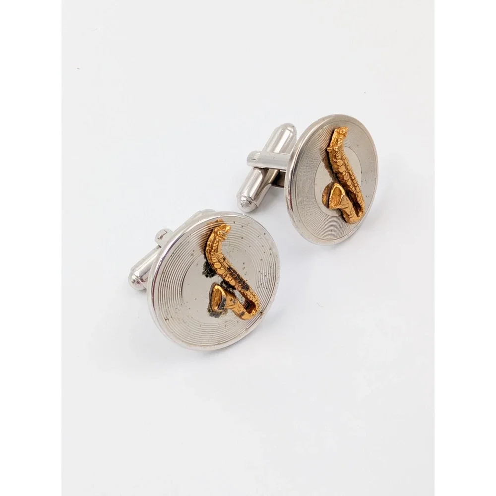 VTG 1950s Shields Saxophone Cufflinks &‎ Tie Clip Set Jazz Musician Novelty